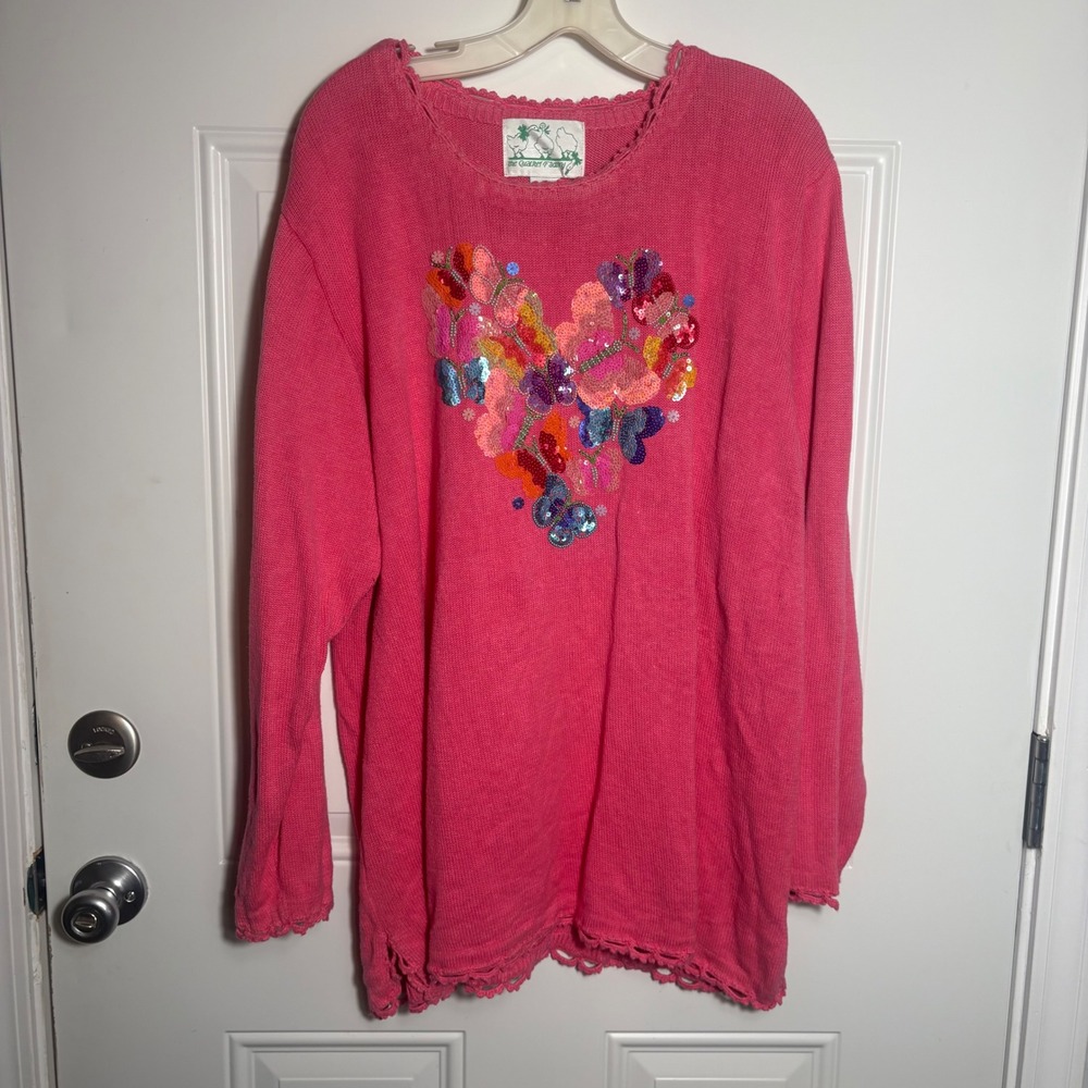 Quacker Factory Womens Pink Sequin Heart Sweater Scallop Trim Long Sleeve 2X
